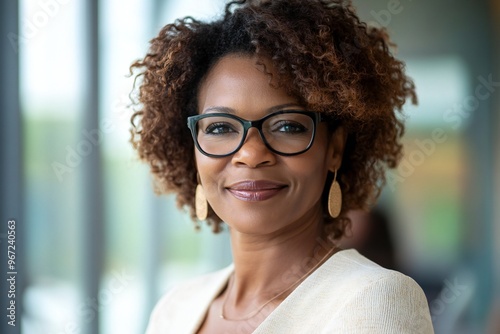 Happy middle aged professional african american business woman, smiling mature executive ceo manager, 45 years old female entrepreneur, confident business owner wearing glasses in office. Headshot por