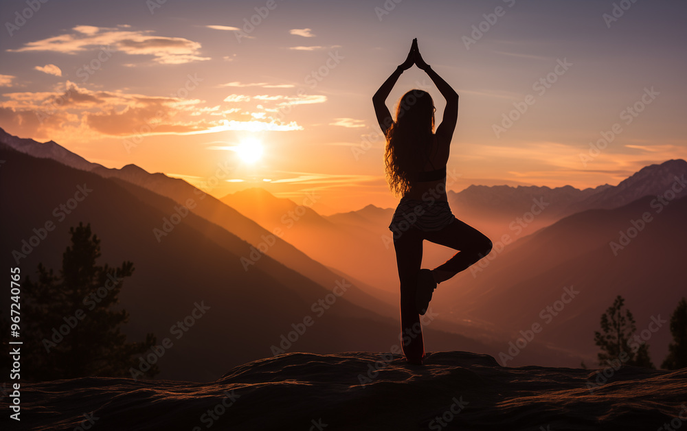 Generative AI of Silhouetted Woman Practicing Yoga at Sunset concept for Mindfulness and Wellness Journey, Spiritual Balance and Harmony, and Nature-Inspired Serenity and Rejuvenation Generative AI of Silhouetted Woman Practicing Yoga at Sunset concept for Mindfulness and Wellness Journey, Spiritual Balance and Harmony, and Nature-Inspired Serenity and Rejuvenation
