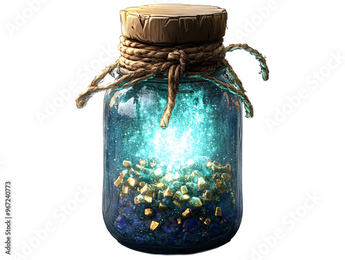 a glass jar with a blue and gold substance inside