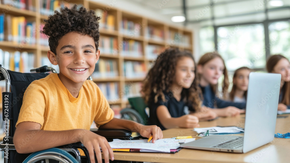 Smiling boy in yellow shirt sitting in wheelchair during classroom study session with diverse classmates