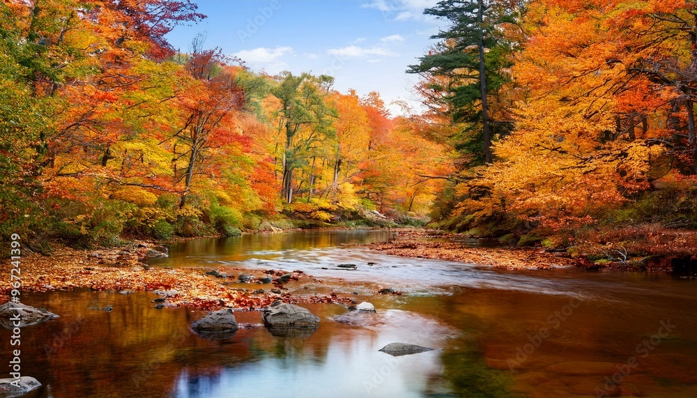 A calm river winding through a dense autumn forest, with fallen leaves floating on the water, creating a peaceful and serene nature scene. A calm river winding through a dense autumn forest, with fallen leaves floating on the water, creating a peaceful and serene nature scene.