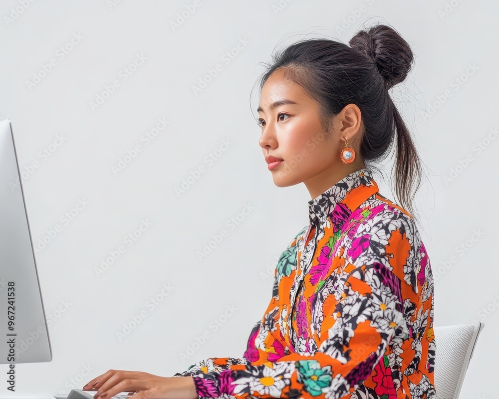 Focused Asian girl in a bright, patterned shirt, using a desktop computer, clean white background, minimalistic office setting Focused Asian girl in a bright, patterned shirt, using a desktop computer, clean white background, minimalistic office setting