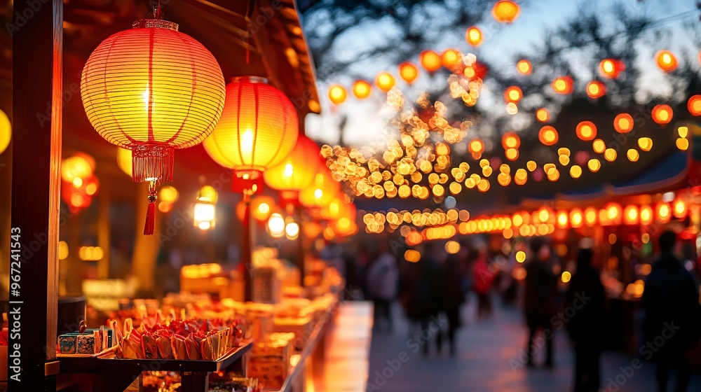 Illuminated Festival Lanterns and Bustling Market in Evening Glow