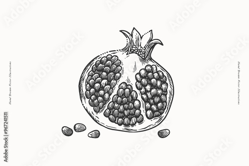 A hand-drawn black and white illustration of a halved pomegranate with visible seeds.  Illustration in engraving style on light background. Ideal for food, botanical, and healthy eating themes.