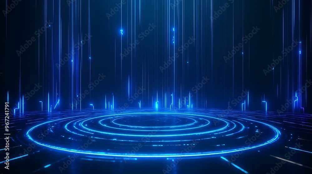 A mesmerizing blue digital background with glowing lines and circular patterns, ideal for technology and futuristic designs. Stage for product presentation.