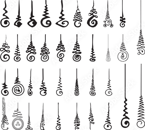 Thailand talisman set. Thai ancient traditional tattoo,Sak yant thai. Unalome symbol, Hindu or Buddhist sign representing path to enlightenment. Yantras Tattoo icon. Simple. isolated vector.