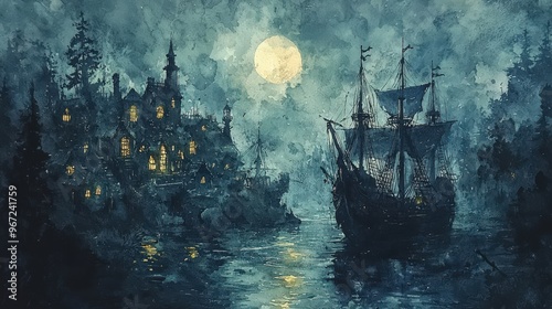 Ghost pirates, raiding a haunted village, eerie moonlight, Watercolor style photo