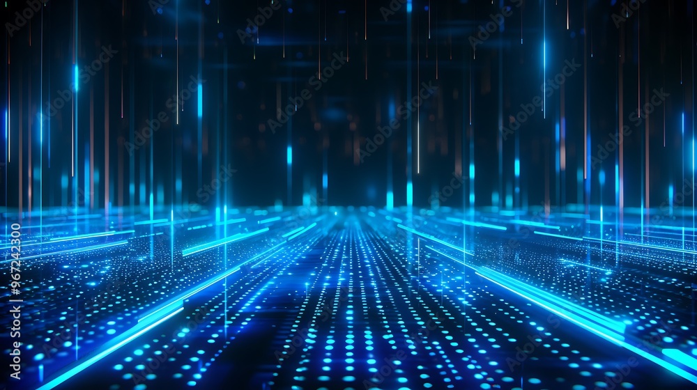 A mesmerizing digital landscape featuring vibrant blue lights and flowing data streams, perfect for tech-related projects and visuals. Stage for product presentation. A mesmerizing digital landscape featuring vibrant blue lights and flowing data streams, perfect for tech-related projects and visuals. Stage for product presentation.