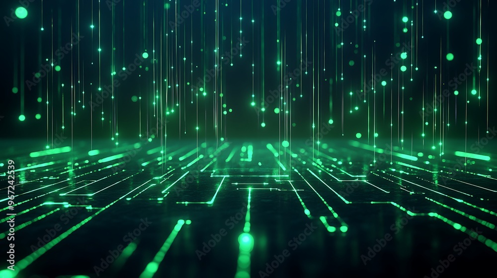 A mesmerizing digital landscape with glowing green lines and data streams, representing technology and innovation. Stage for product presentation. A mesmerizing digital landscape with glowing green lines and data streams, representing technology and innovation. Stage for product presentation.