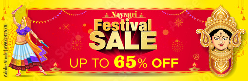 Festive sale shopping offer deal discount banner header template design. Navratri festival, Dandiya dance, durga Puja, dussehra background.