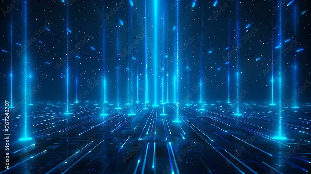 A mesmerizing display of blue light beams illuminating a dark space, creating a futuristic and digital atmosphere. Stage for product presentation. A mesmerizing display of blue light beams illuminating a dark space, creating a futuristic and digital atmosphere. Stage for product presentation.