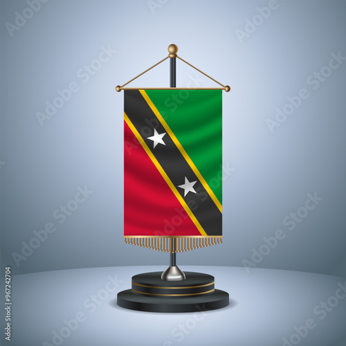 ST. Kitts Nevis Vertical table flag with golden pole of on dark  gradient background