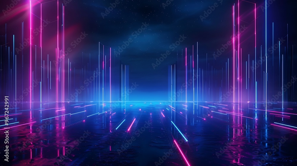 A mesmerizing neon landscape with vibrant pink and blue lights shining through a dark, atmospheric space, creating a futuristic ambiance. Stage for product presentation. A mesmerizing neon landscape with vibrant pink and blue lights shining through a dark, atmospheric space, creating a futuristic ambiance. Stage for product presentation.