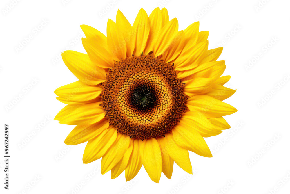 Fototapeta premium Overhead view of a sunflower with perfectly symmetrical petals and a textured center isolated on white background