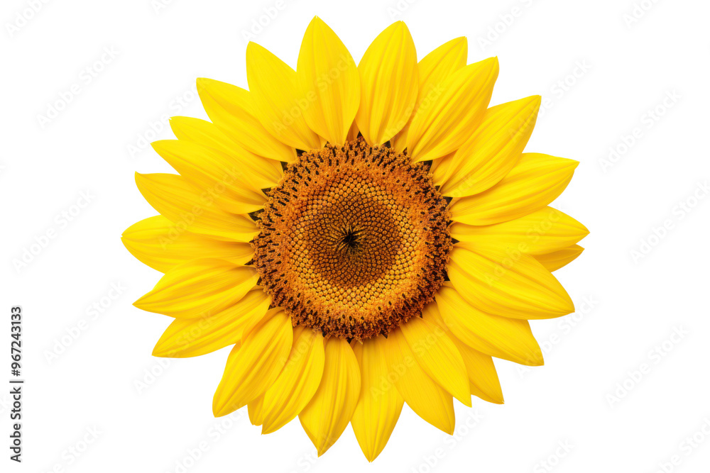 Overhead view of a sunflower with perfectly symmetrical petals and a textured center isolated on white background Overhead view of a sunflower with perfectly symmetrical petals and a textured center isolated on white background