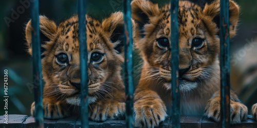 Playful lion cubs in close up behind zoo enclosure bars photo