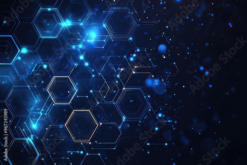 Blue background with a hexagonal shape and a technology, data connection or communication structure. A futuristic, high-tech digital network.