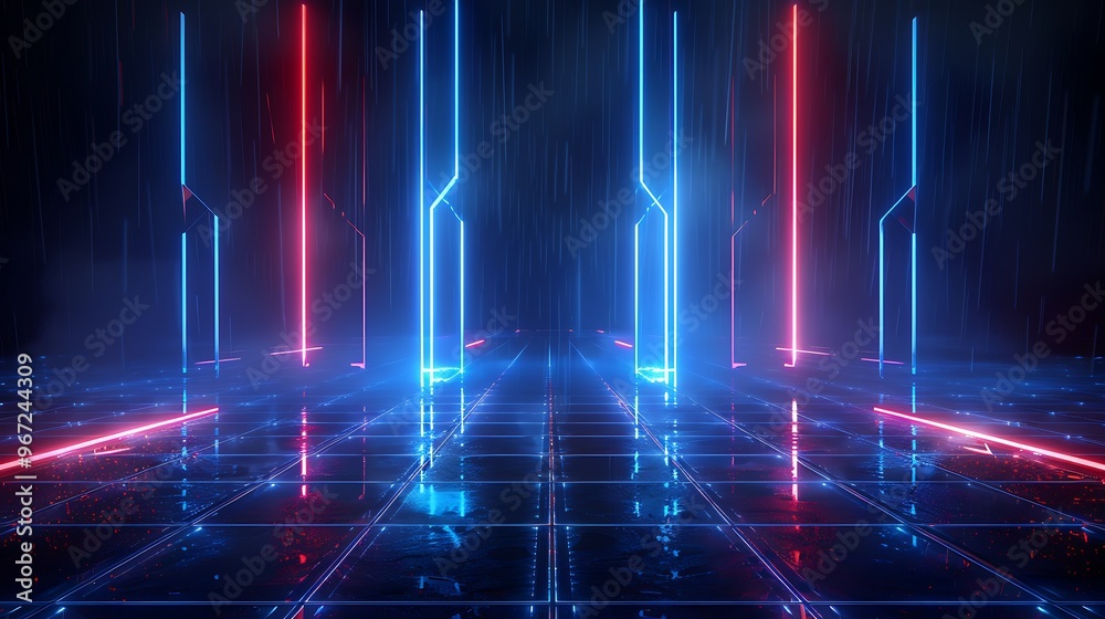 A stunning illuminated corridor with glowing neon lines and reflections, creating a futuristic atmosphere and digital experience. Stage for product presentation. A stunning illuminated corridor with glowing neon lines and reflections, creating a futuristic atmosphere and digital experience. Stage for product presentation.