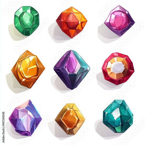 Nine colorful gemstones with shadows on a white background. photo