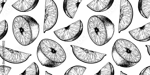 Seamless pattern of Lemon Slices. Hand drawn Sketch vector illustration of Lemon pulp. Black ink outline of citrus fruit. Background for menu, package, cosmetic, textile