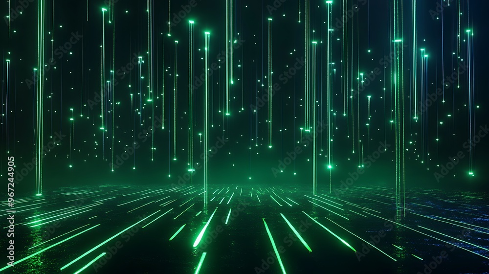 A vibrant abstract background featuring neon green lights and sparkles, creating a futuristic and dynamic atmosphere. Stage for product presentation.