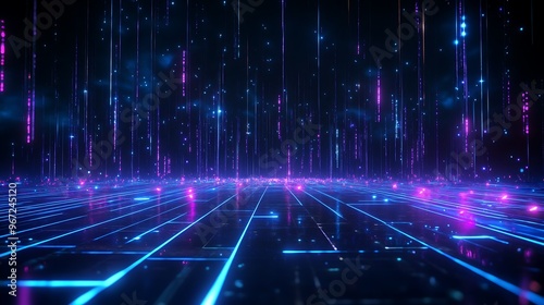 A vibrant abstract landscape featuring glowing lines and particles in blue and purple hues, embodying a futuristic digital world. Stage for product presentation.