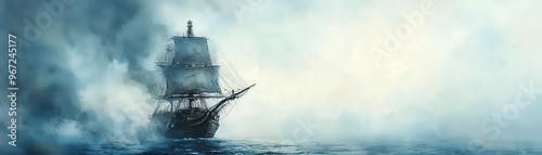 Ghostly pirate ship, emerging from the depths, eerie fog, Watercolor style photo