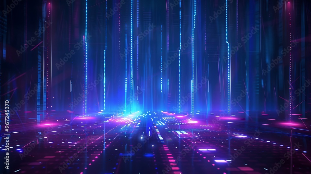 A vibrant, futuristic digital landscape with neon lights and data streams, creating a mesmerizing visual experience. Stage for product presentation. A vibrant, futuristic digital landscape with neon lights and data streams, creating a mesmerizing visual experience. Stage for product presentation.