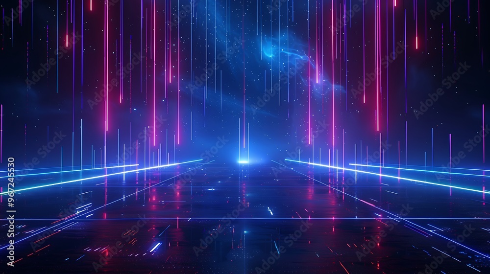 A vibrant, futuristic scene featuring glowing lines and beams of light in blue and pink, perfect for digital art and technology themes. Stage for product presentation.