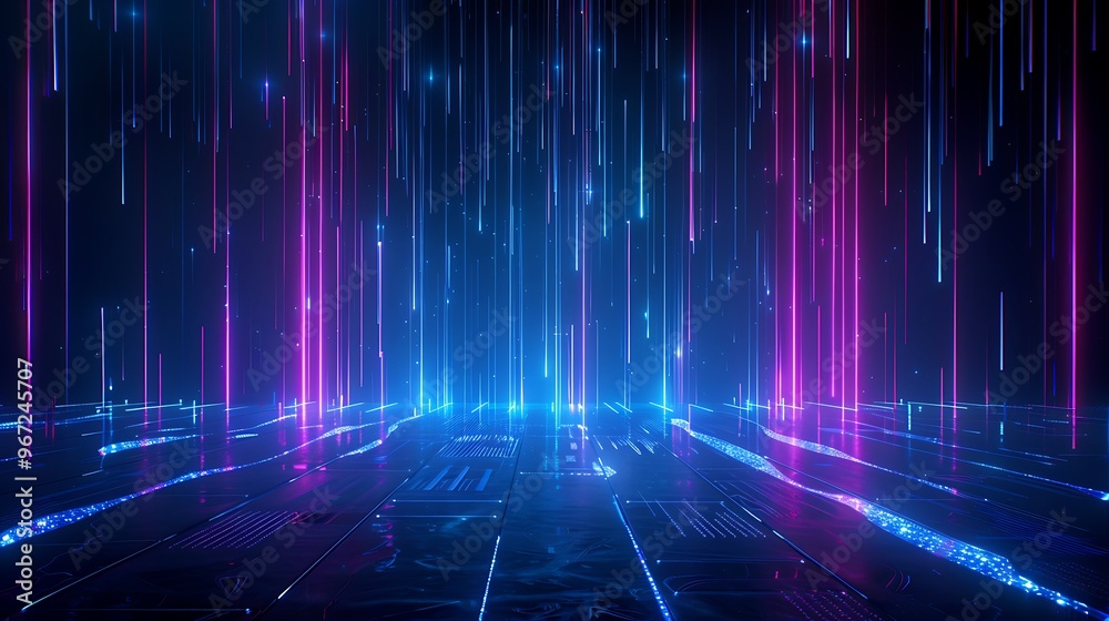 A vibrant digital background featuring cascading neon light rays in blue and pink tones, creating a futuristic atmosphere. Stage for product presentation. A vibrant digital background featuring cascading neon light rays in blue and pink tones, creating a futuristic atmosphere. Stage for product presentation.