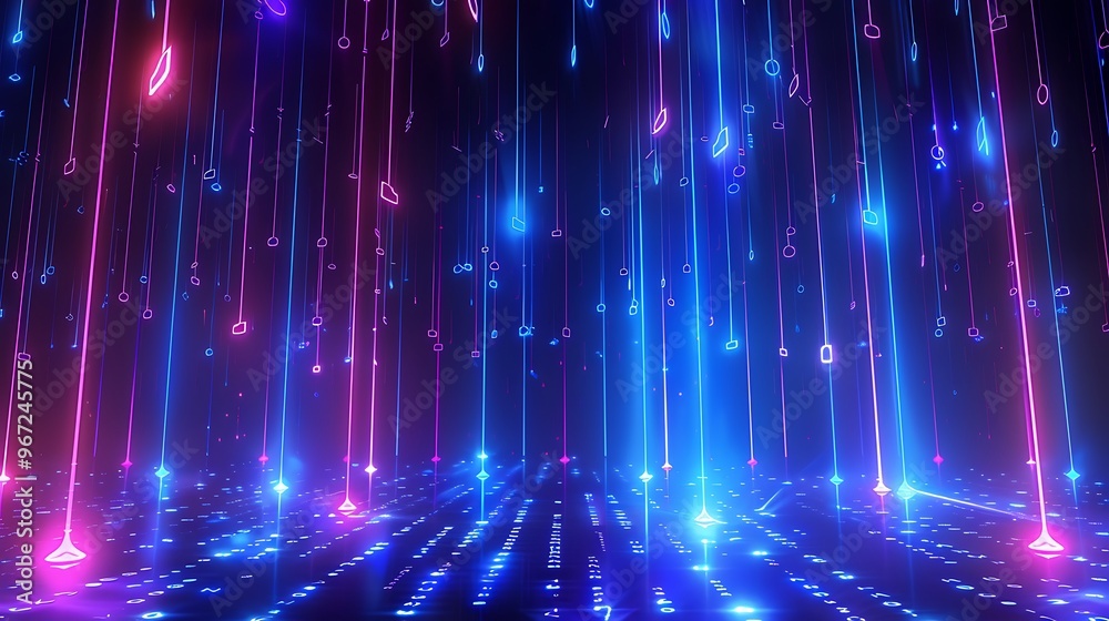 A vibrant digital background with colorful light beams and glowing patterns, perfect for futuristic and tech-themed projects. Stage for product presentation. A vibrant digital background with colorful light beams and glowing patterns, perfect for futuristic and tech-themed projects. Stage for product presentation.