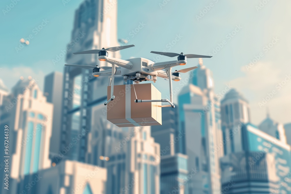 A drone delivering a package in a vibrant cityscape, showcasing modern technology and urban innovation. A drone delivering a package in a vibrant cityscape, showcasing modern technology and urban innovation.