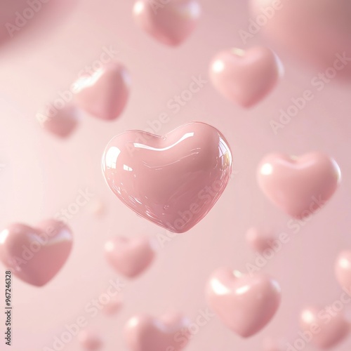 Pink heart shaped objects float against a blurred pink background.