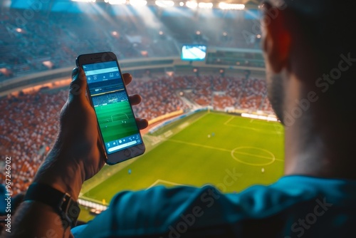 Advertising sports betting. Screen mobile phone in man's hand on background football field, win, confetti.
