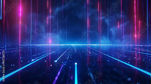 A vibrant digital landscape featuring glowing lines and beams of light  perfect for futuristic themes and technology concepts. Stage for product presentation.
