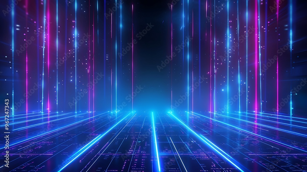 A vibrant digital landscape featuring glowing lines and particles, perfect for technology and abstract concepts. Stage for product presentation. A vibrant digital landscape featuring glowing lines and particles, perfect for technology and abstract concepts. Stage for product presentation.