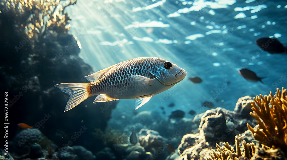 lone fish swimming near a coral reef, with sunlight streaming through the water lone fish swimming near a coral reef, with sunlight streaming through the water