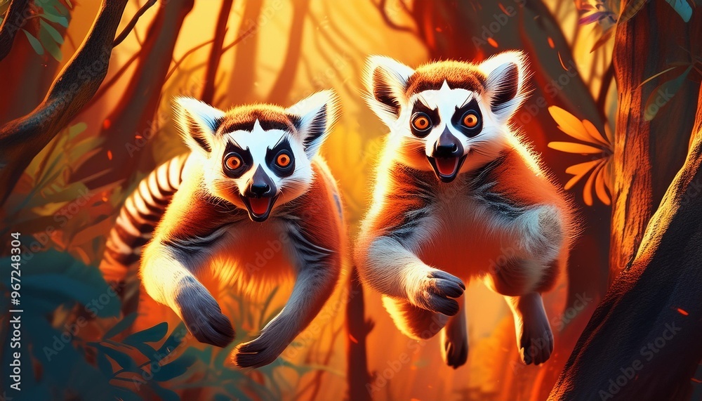 Joyful lemur pair leaping through the trees Joyful lemur pair leaping through the trees
