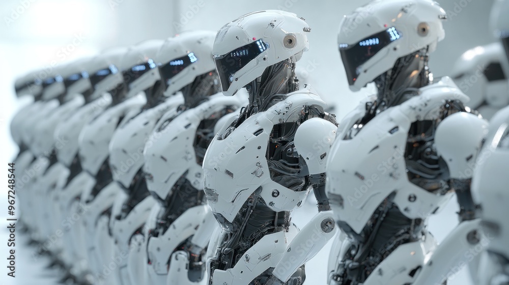 Fototapeta premium A Row of White Robots with Sleek Designs and Futuristic Features