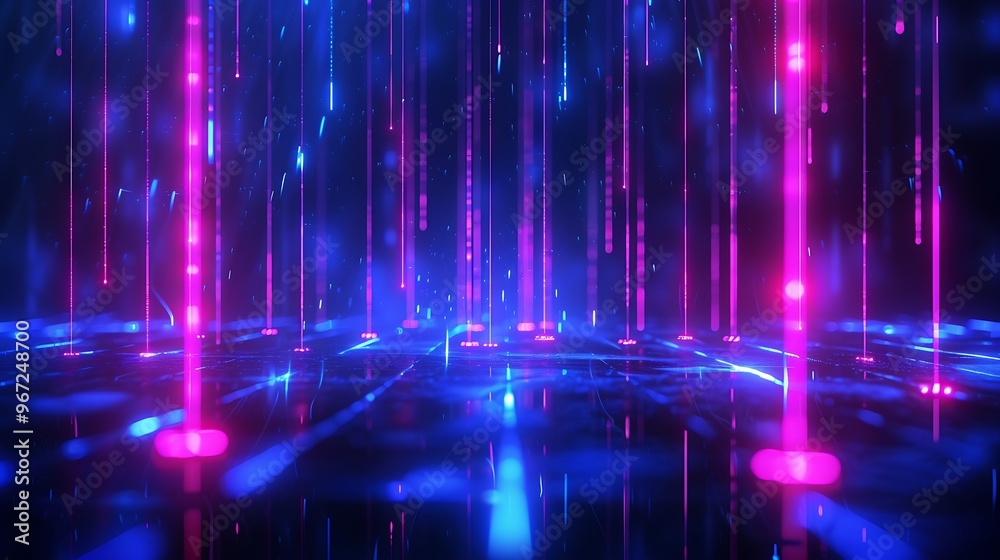 A vibrant digital landscape showcasing beams of light in dynamic hues of blue and pink, perfect for futuristic themes. Stage for product presentation. A vibrant digital landscape showcasing beams of light in dynamic hues of blue and pink, perfect for futuristic themes. Stage for product presentation.