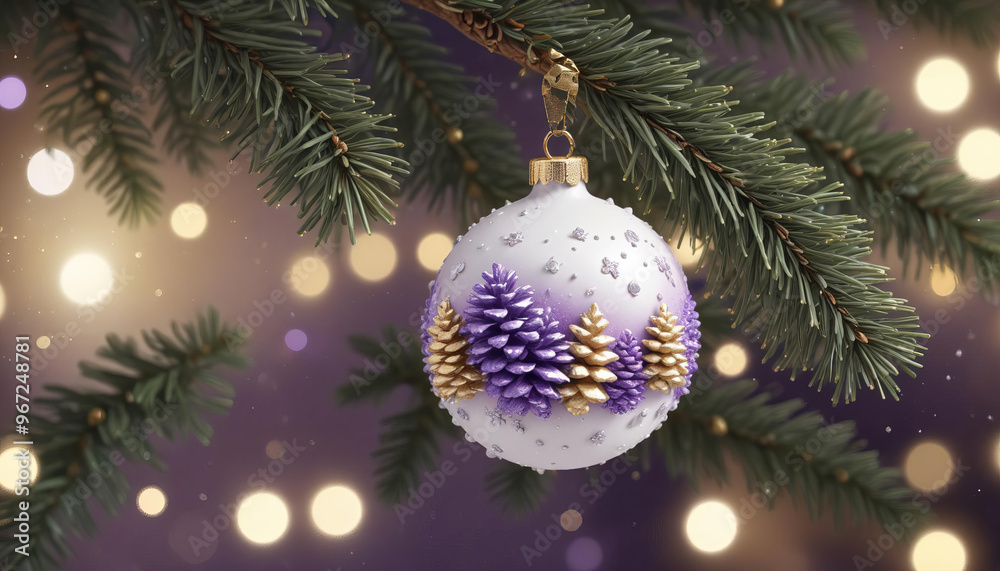 Elegant Winter Ornament on Snowy Pine Branch Elegant Winter Ornament on Snowy Pine Branch