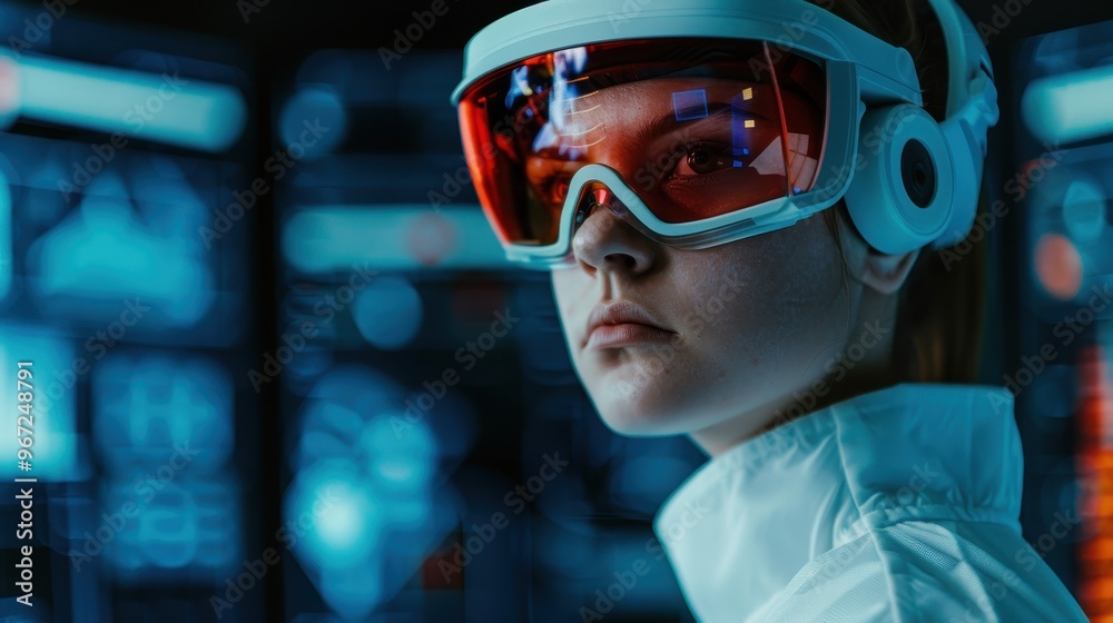 Close-up of a woman wearing augmented reality goggles in a futuristic high-tech environment, surrounded by digital screens and technology. Close-up of a woman wearing augmented reality goggles in a futuristic high-tech environment, surrounded by digital screens and technology.