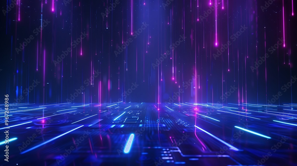 A vibrant digital landscape with colorful light beams and neon effects, creating a futuristic and immersive atmosphere. Stage for product presentation. A vibrant digital landscape with colorful light beams and neon effects, creating a futuristic and immersive atmosphere. Stage for product presentation.