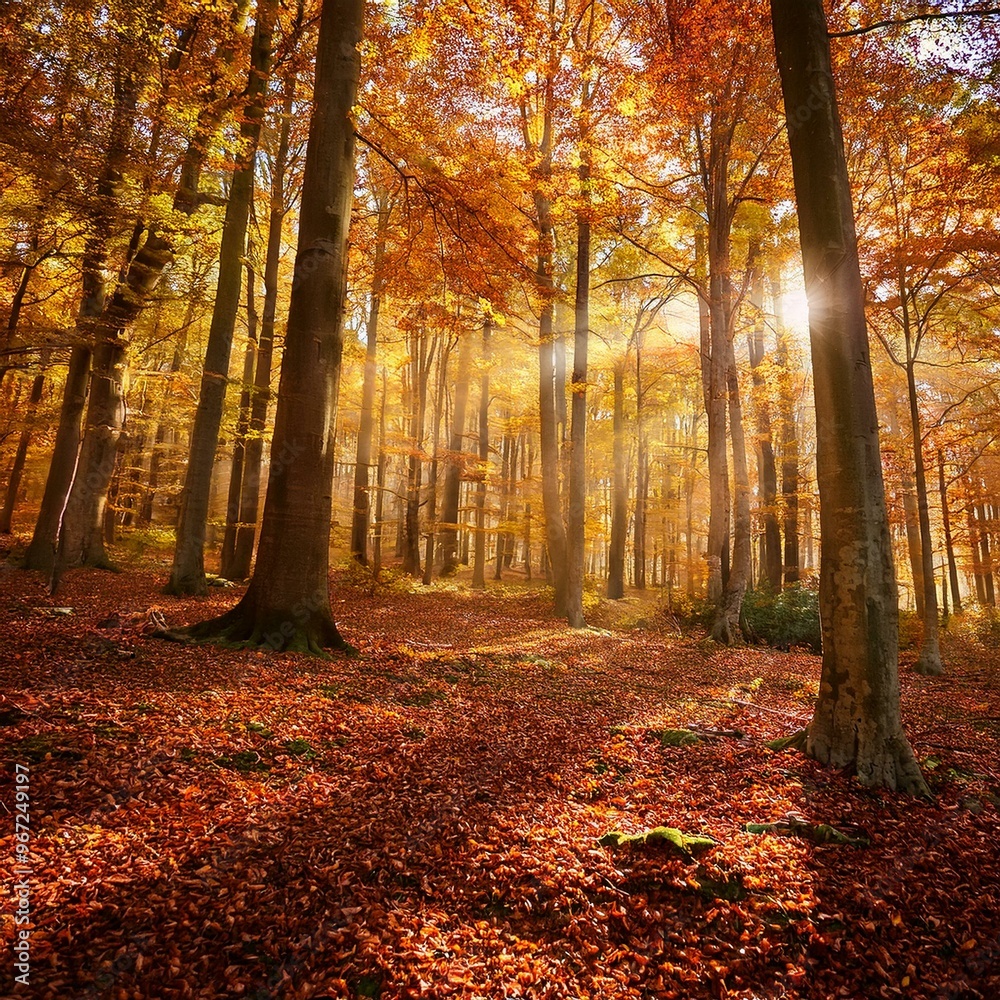 A dense forest with towering trees, their leaves a brilliant mix of gold, orange, and red. A dense forest with towering trees, their leaves a brilliant mix of gold, orange, and red.