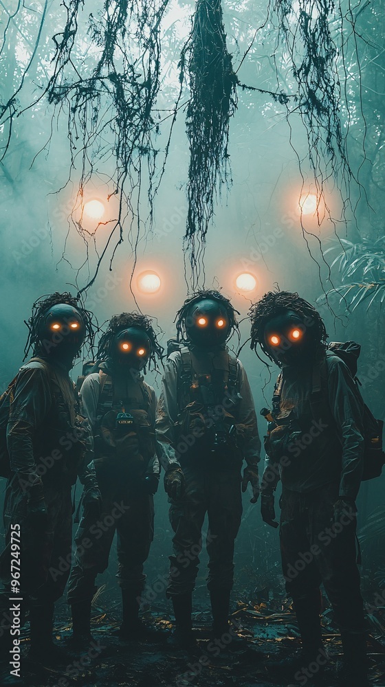 A group of explorers dressed in safari gear with Halloween-themed masks and costumes pose in front of a haunted jungle backdrop with glowing eyes peeking from the trees. Large copy space for A group of explorers dressed in safari gear with Halloween-themed masks and costumes pose in front of a haunted jungle backdrop with glowing eyes peeking from the trees. Large copy space for