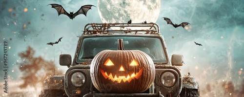 A close-up of a Halloween-themed safari vehicle, with a carved pumpkin on the hood and bats flying overhead against a full moon backdrop. The design leaves plenty of room for copy space. photo