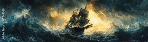 Skeleton captain, steering a ghost ship, eerie stormy sea, Watercolor style photo