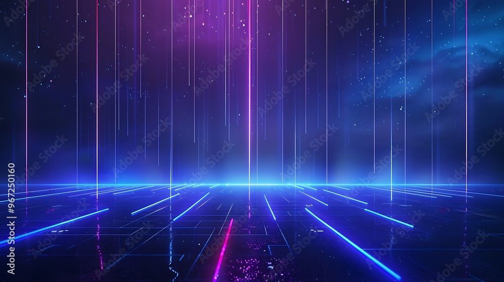 A vibrant digital landscape with neon lines and cosmic elements, perfect for sci-fi or futuristic themes. Stage for product presentation.
