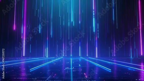 A vibrant digital landscape with neon lines and glowing beams, perfect for futuristic and technology-themed projects. Stage for product presentation.