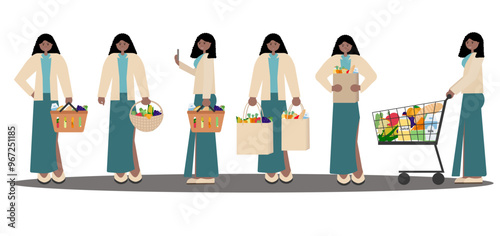 Vector illustration of black woman in jacket and long skirt holding shopping baskets, grocery bags and cart. Flat style. For black people shopping themes, retail, supermarket, and consumerism concepts